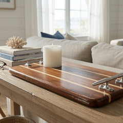 Handcrafted Teak Plank Tray -Narrow Rectangular w/Silver Cleat Handles - Our Boat House