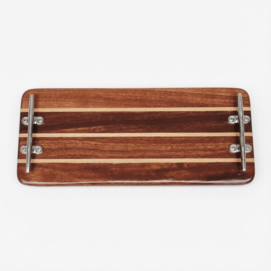 Handcrafted Teak Plank Tray -Narrow Rectangular w/Silver Cleat Handles - Our Boat House