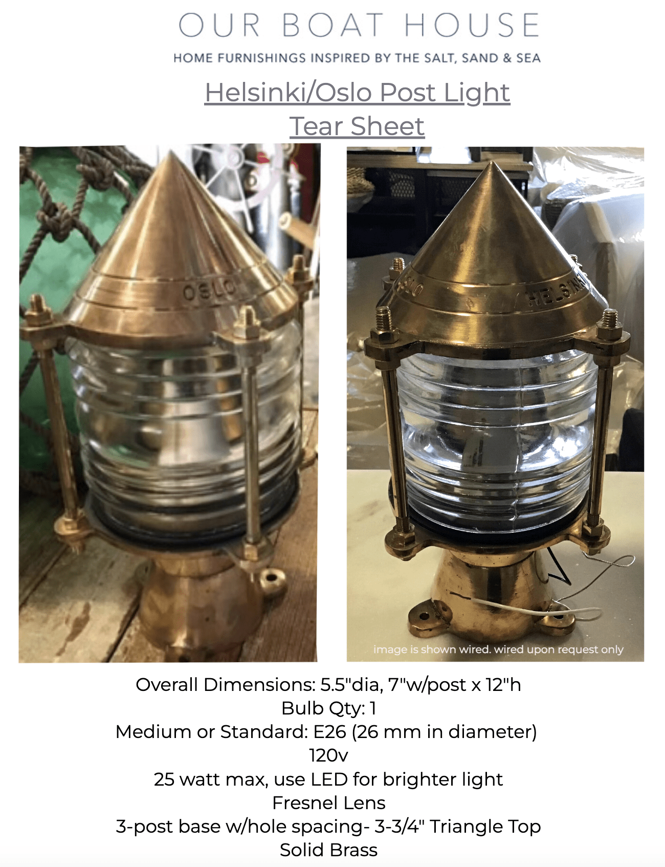 Helsinki Brass Piling Light w/Pointed Top - Our Boat House