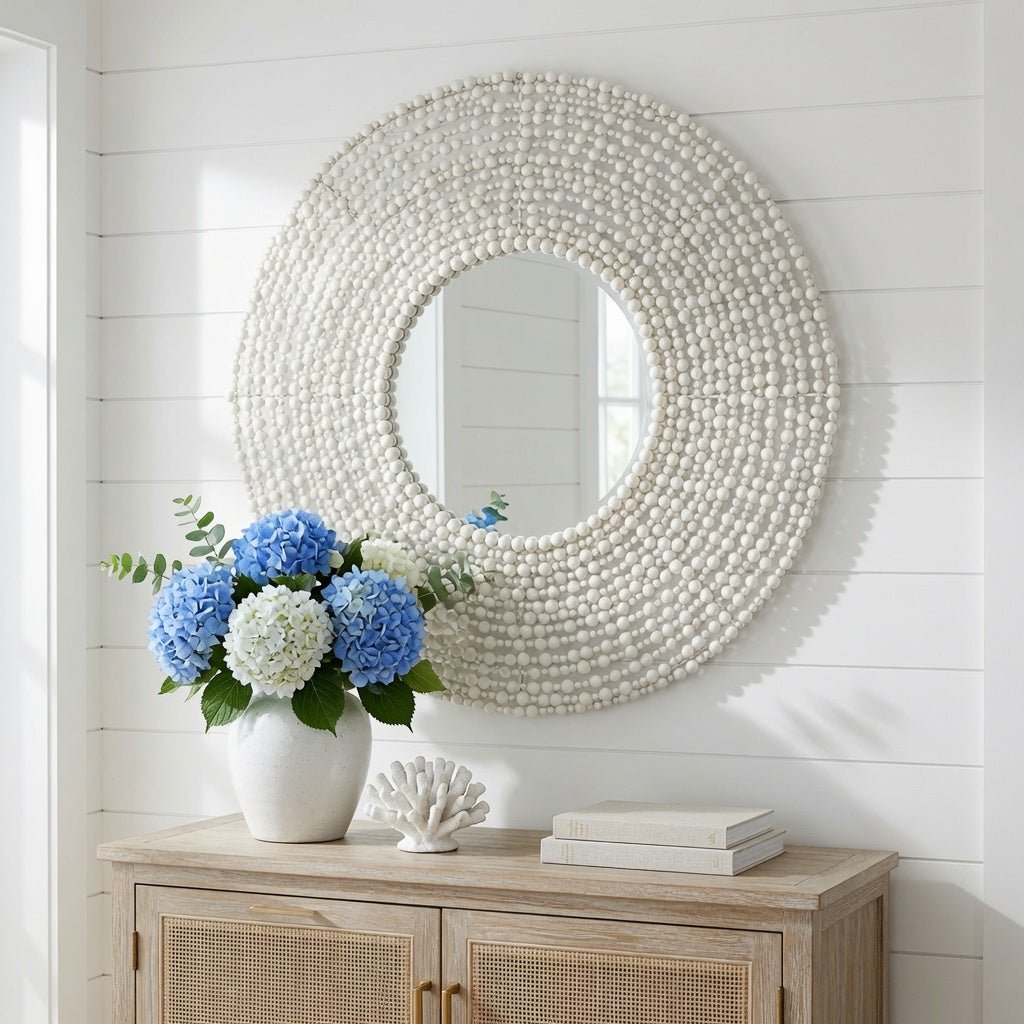 Jena Beaded Round Mirror - White - Our Boat House