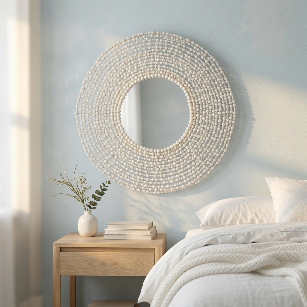 Jena Beaded Round Mirror - White - Our Boat House