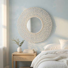 Jena Beaded Round Mirror - White - Our Boat House