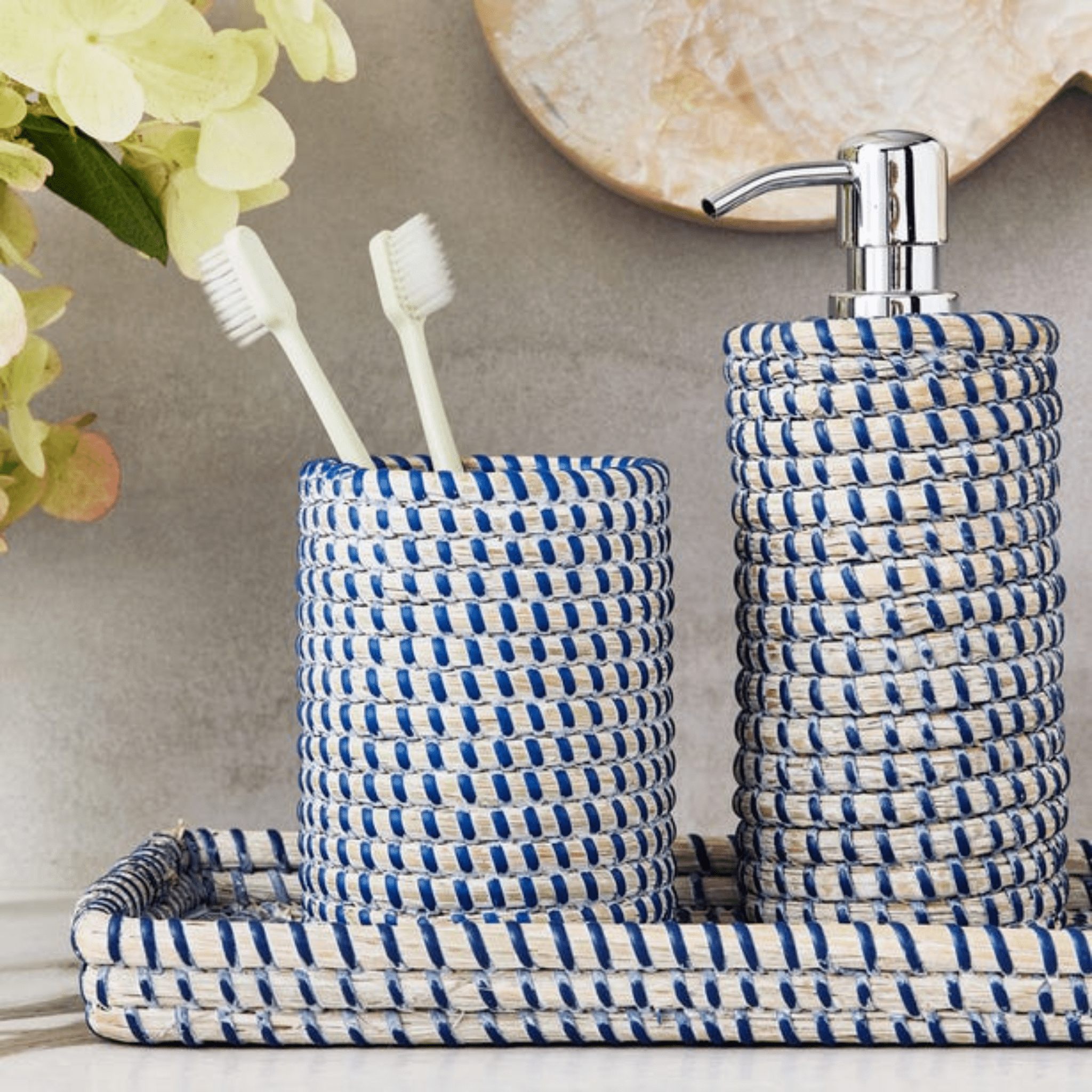 Kythira Bath Accessories - Whitewashed/Navy Seagrass - coastal inspired home furnishing lifestyle