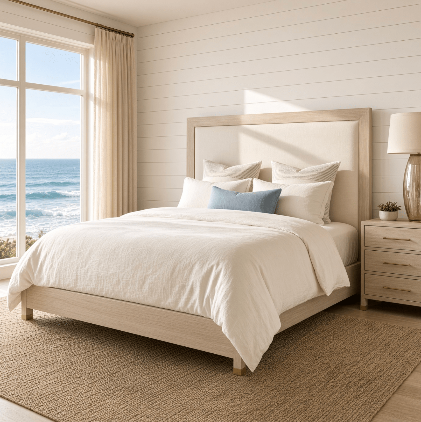 Laurel Grove Upholstered Bed - King Size Coastal Upholstered Bed, Tan Fabric with Wood Frame, Beach House Bedroom Furniture - Our Boat House