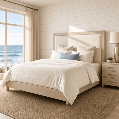 Laurel Grove Upholstered Bed - King Size Coastal Upholstered Bed, Tan Fabric with Wood Frame, Beach House Bedroom Furniture - Our Boat House