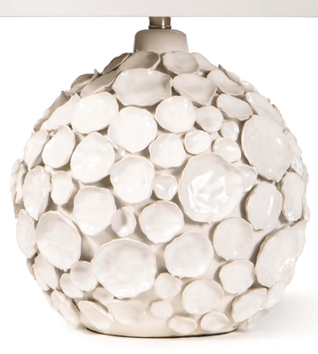 Decorative lamp with a white textured base and white shade on a white background