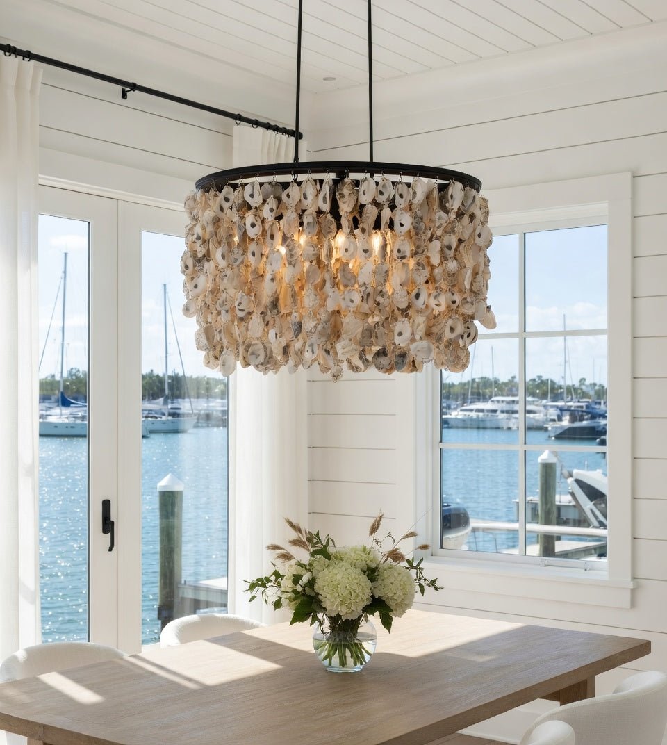 Oyster Shell Oval Chandelier - Natural Oyster Shell and Wrought Iron Chandelier, 24in to 36in Oval, Coastal Classic Lighting - Our Boat House