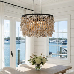 Oyster Shell Oval Chandelier - Natural Oyster Shell and Wrought Iron Chandelier, 24in to 36in Oval, Coastal Classic Lighting - Our Boat House