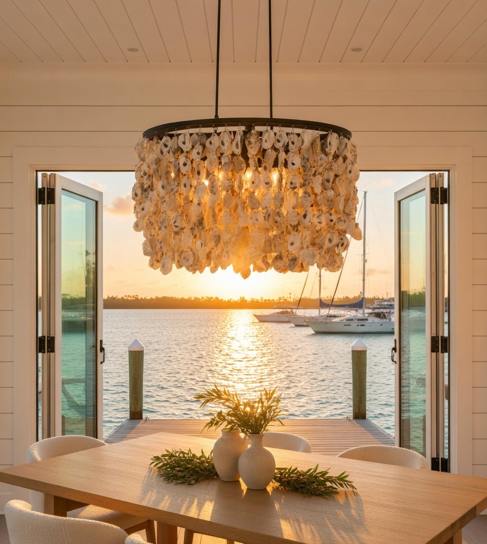 Oyster Shell Oval Chandelier - Natural Oyster Shell and Wrought Iron Chandelier, 24in to 36in Oval, Coastal Classic Lighting - Our Boat House