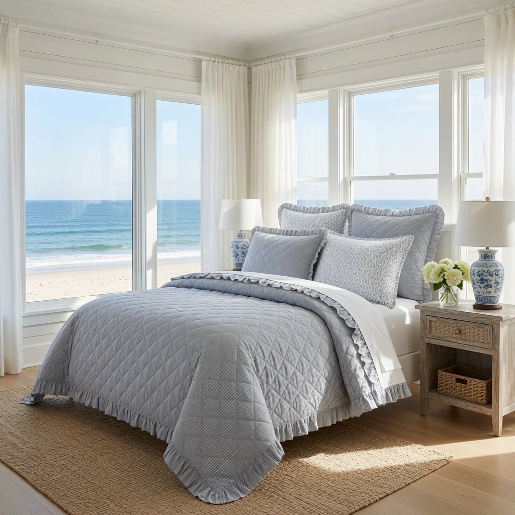 Parris Stripe Linen Quilted Sham - French Blue - Our Boat House