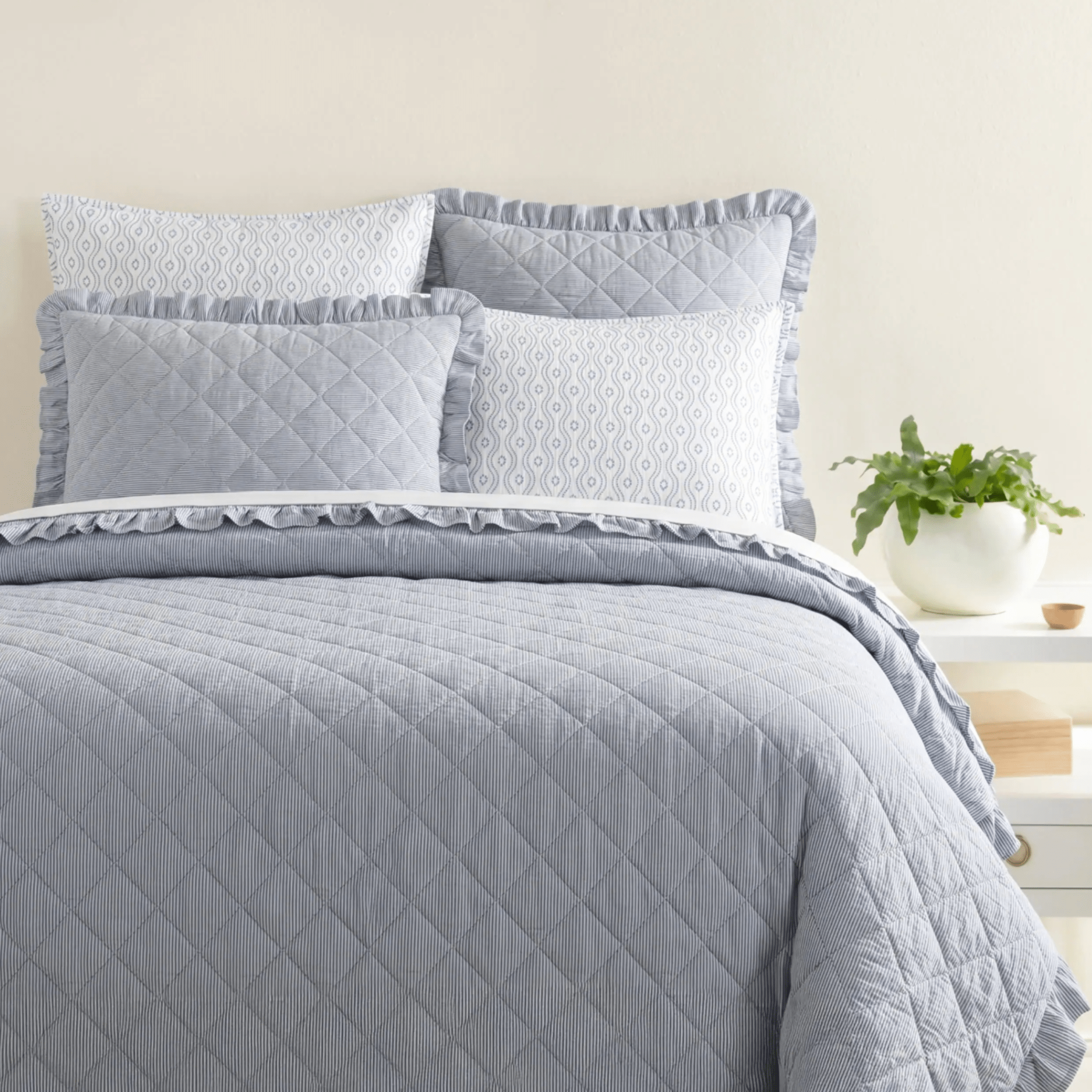 Parris Stripe Linen Quilted Sham - French Blue - Our Boat House