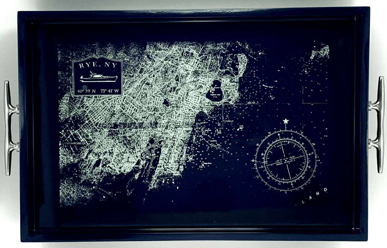 Rye, NY - Rectangular Chart Tray with Silver Cleat Handles - Our Boat House