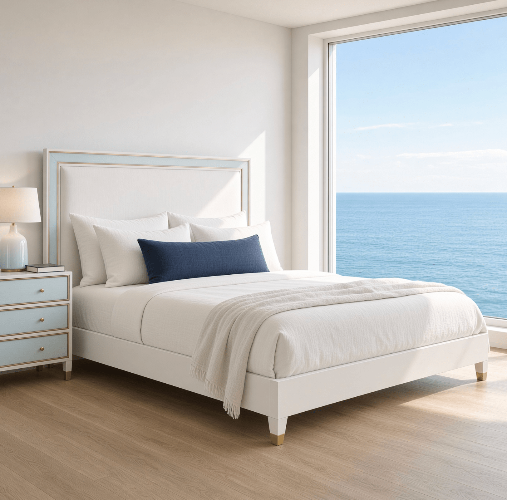 SeaGlass Bed - Coastal Upholstered Bed in Aqua Blue and White, Wood Frame, King or Queen Size, Beach House Bedroom Furniture - Our Boat House