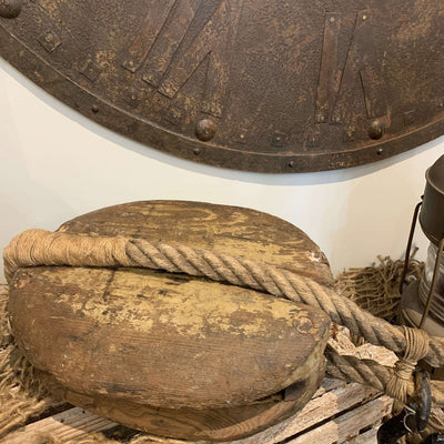 Vintage Weathered Wood Pulley with Rope - Our Boat House