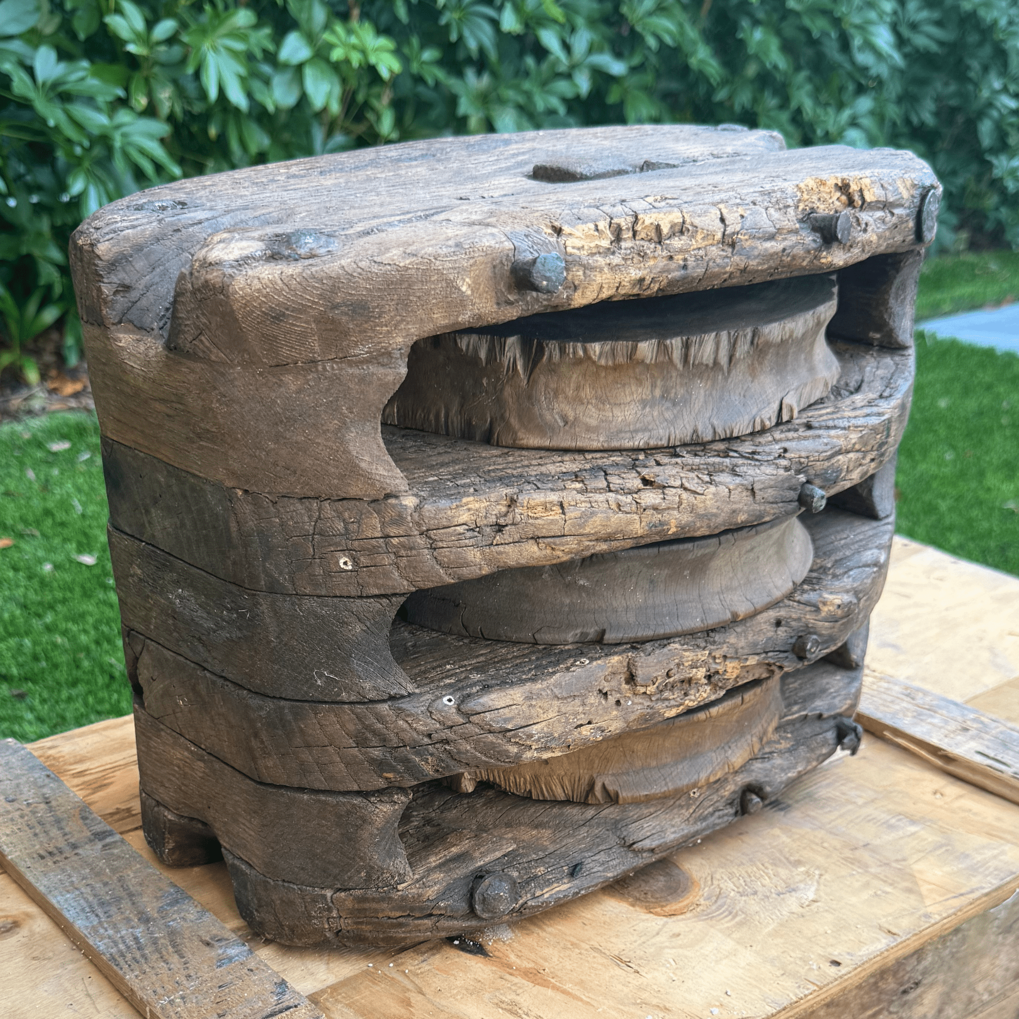 Vintage Wood Pulley - 3 Sheaves w/Rope - Our Boat House