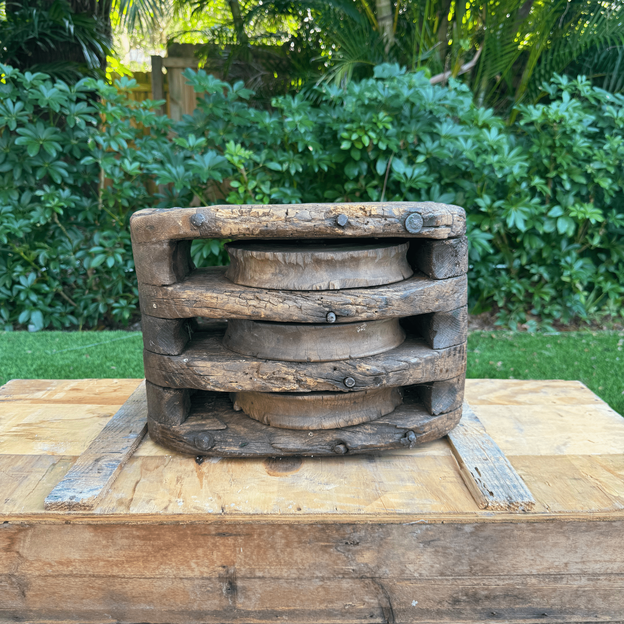 Vintage Wood Pulley - 3 Sheaves w/Rope - Our Boat House