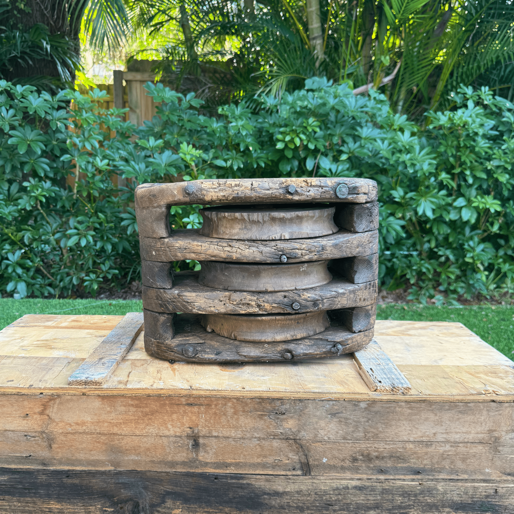 Vintage Wood Pulley - 3 Sheaves w/Rope - Our Boat House