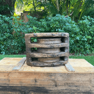Vintage Wood Pulley - 3 Sheaves w/Rope - Our Boat House