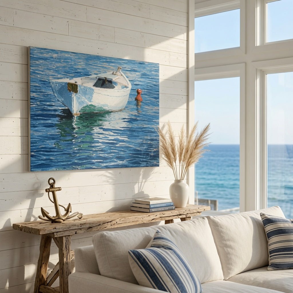 White Row Boat with Red Buoy Giclee - Our Boat House
