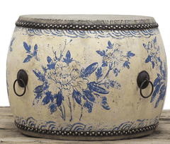 Antique Drum Table - Hand Painted Blue & White Side Table 