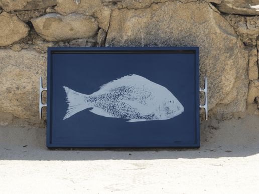Fish Tray - Navy Rectangular with Silver Cleat Handles