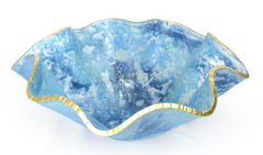 Matte Blue Large Ruffle Bowl w/Gold or Silver Inlay Trim