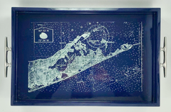 Eastern Long Island Coordinates - Rectangular Navy Tray with Silver Cleat Handles