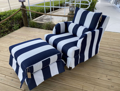 Stock-South Seas I - Outdoor Slipcovered Chair & Paired Ottoman-Navy/White Stripe