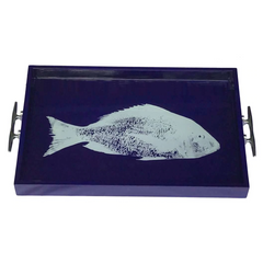 Fish Tray - Navy Rectangular with Silver Cleat Handles