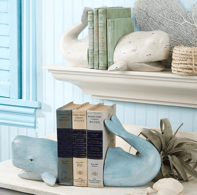Weston Whale Tail Book Ends - Two Colors -Ivory or Aqua Accessory 